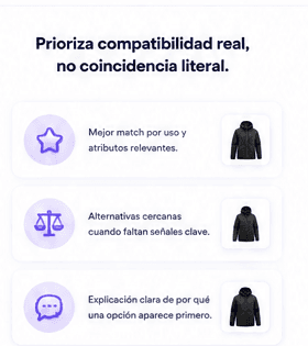 Prioriza compatibilidad real, no coincidencia literal.