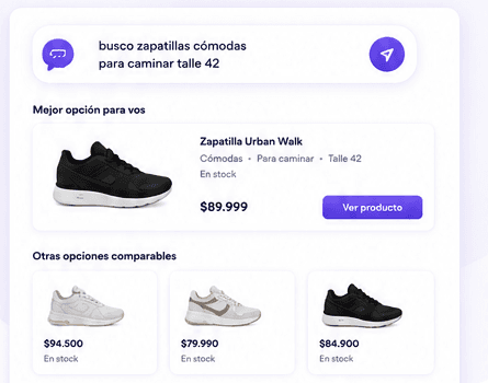 Mockup de recomendación de producto: Ainid muestra la mejor opción, alternativas y acceso directo al producto